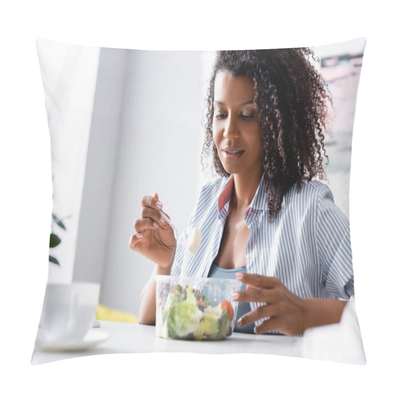 Personality  African American Woman Looking At Salad Near Cup On Blurred Foreground  Pillow Covers