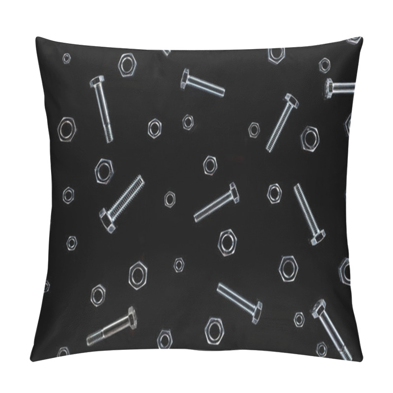 Personality  Top View Of Scattered Metal Nuts And Bolts Pattern Isolated On Black Pillow Covers