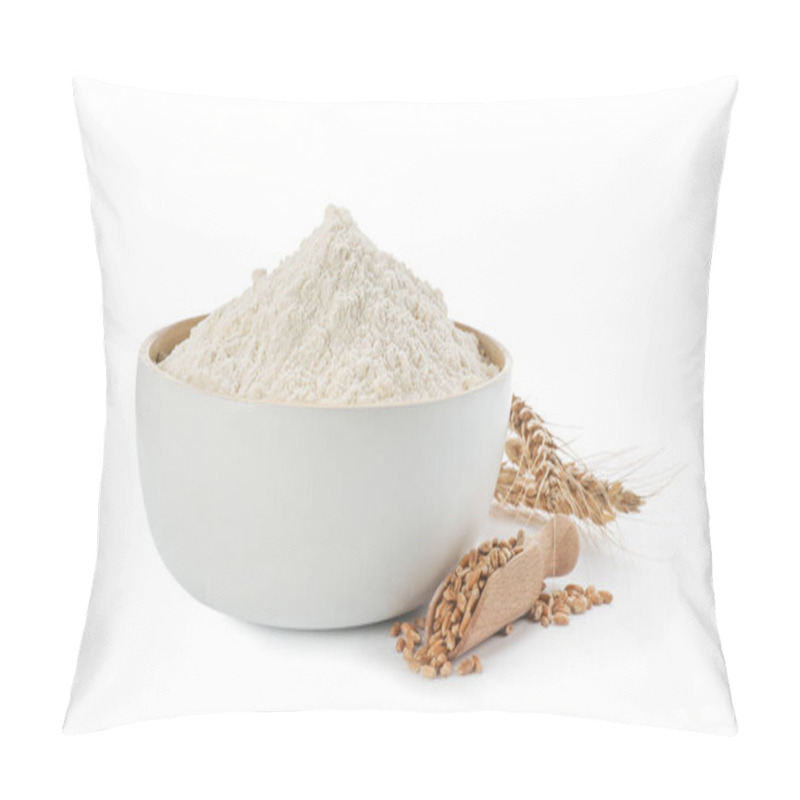 Personality  Flour In Bowl, Spikelets And Scoop With Grains On White Background Pillow Covers