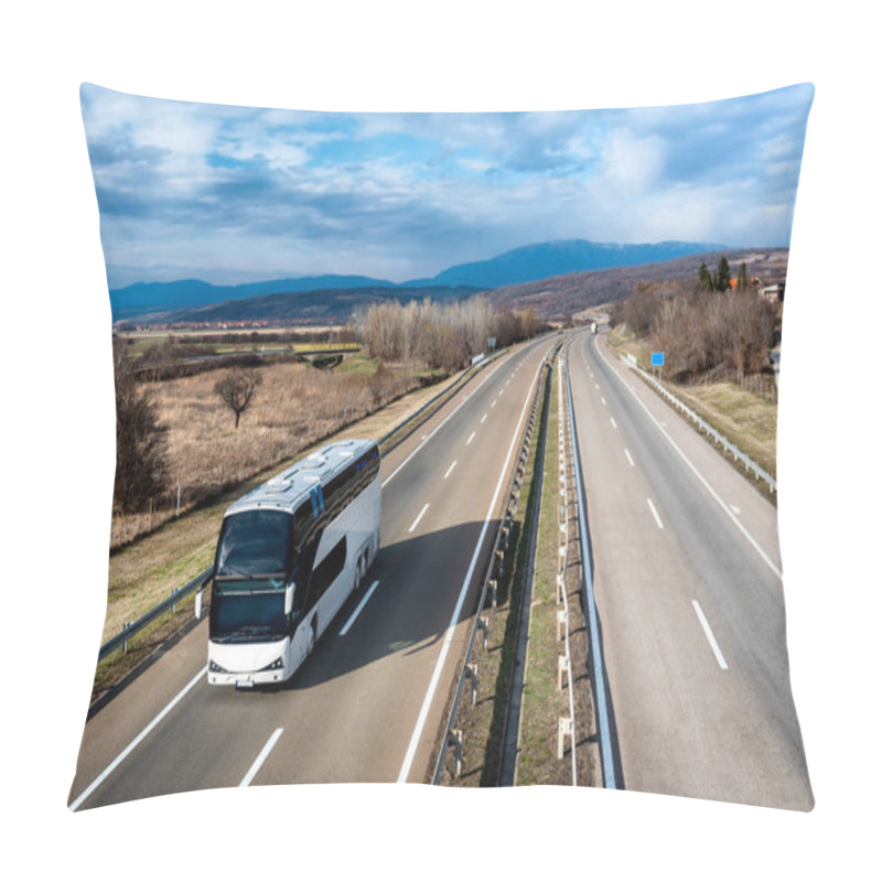 Personality  White Modern Comfortable Tourist Bus Driving Through Highway At Bright Sunny Sunset. Travel And Coach Tourism Concept. Trip And Journey By Vehicle Pillow Covers