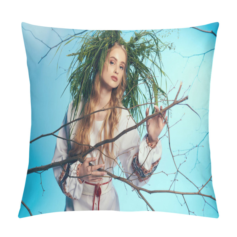 Personality  A Young Mavka, Adorned In Traditional Attire, Elegantly Holding A Branch With A Wreath Atop Her Head In A Mystical Studio Setting. Pillow Covers