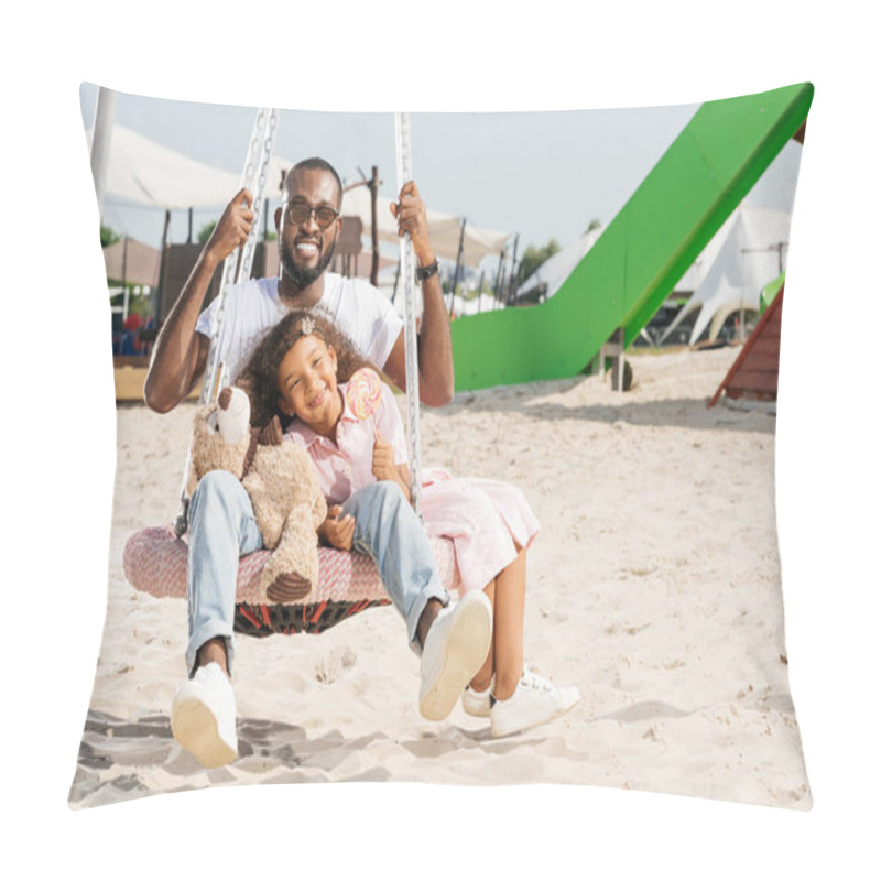 Personality  Happy African American Father And Daughter On Spider Web Nest Swing At Amusement Park Pillow Covers