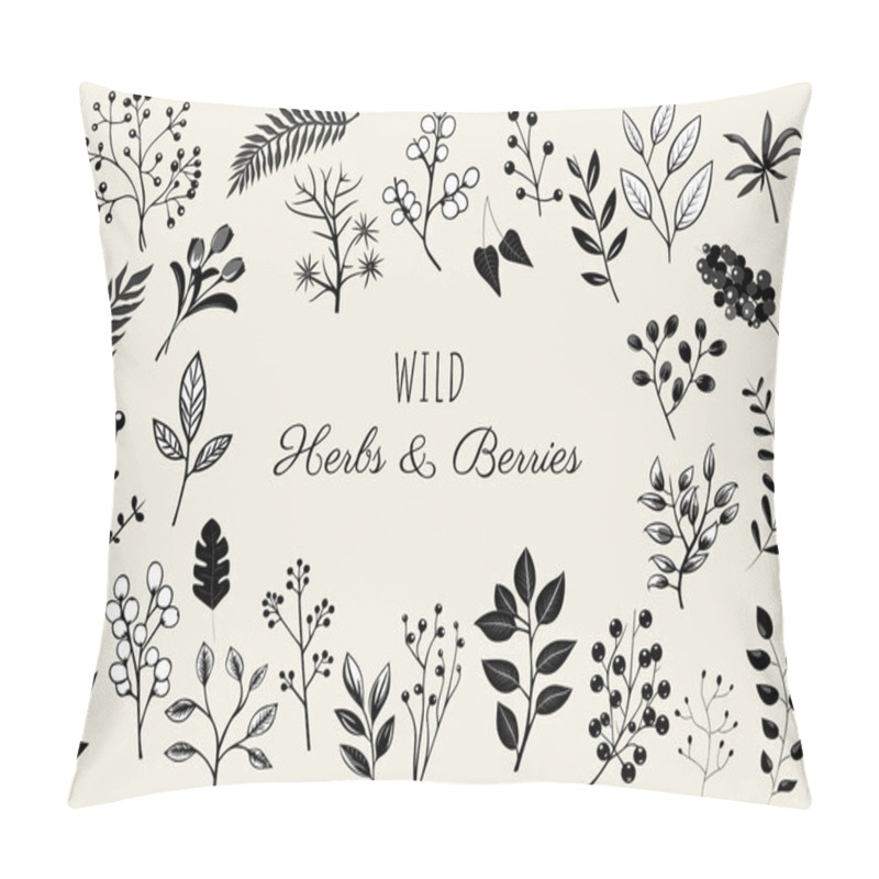 Personality  Wild Herbs And Berries, Floral Elements Set. Monochrome Botanical Illustration. Hand Drawn Isolated Plants. Pillow Covers