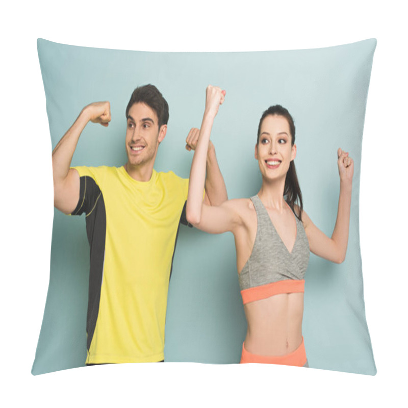 Personality  Happy Athletic Couple Standing In Sportswear Showing Muscles On Blue Pillow Covers