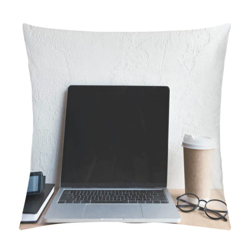 Personality  Laptop With Blank Screen, Smartwatch, Notebook, Eyeglasses And Coffee To Go On Table   Pillow Covers