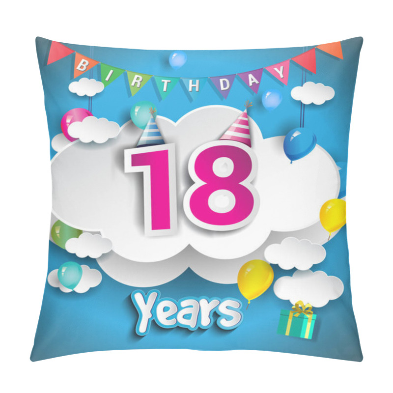 Personality  18  Years Birthday Design For Greeting Cards And Poster, With  Gift Boxes, Balloons. Design Template For Anniversary Celebration Pillow Covers