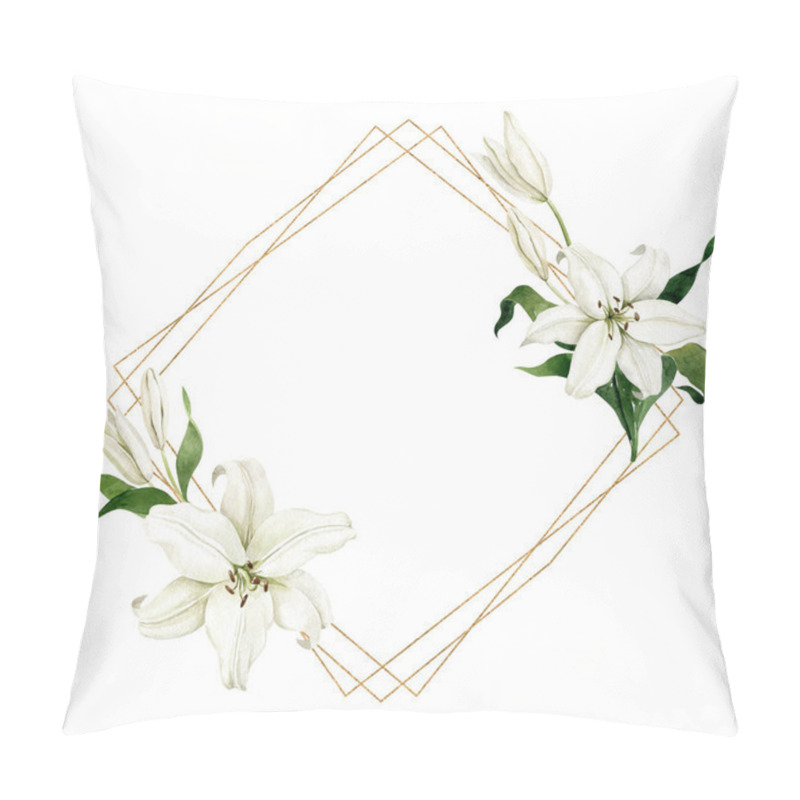 Personality  Watercolor White Lilies With Square Golden Geometric Frame Isolated On White Background. Hand Drawn Clipart For Wedding Invitations, Greeting Cards, Birthday Invitations. Pillow Covers