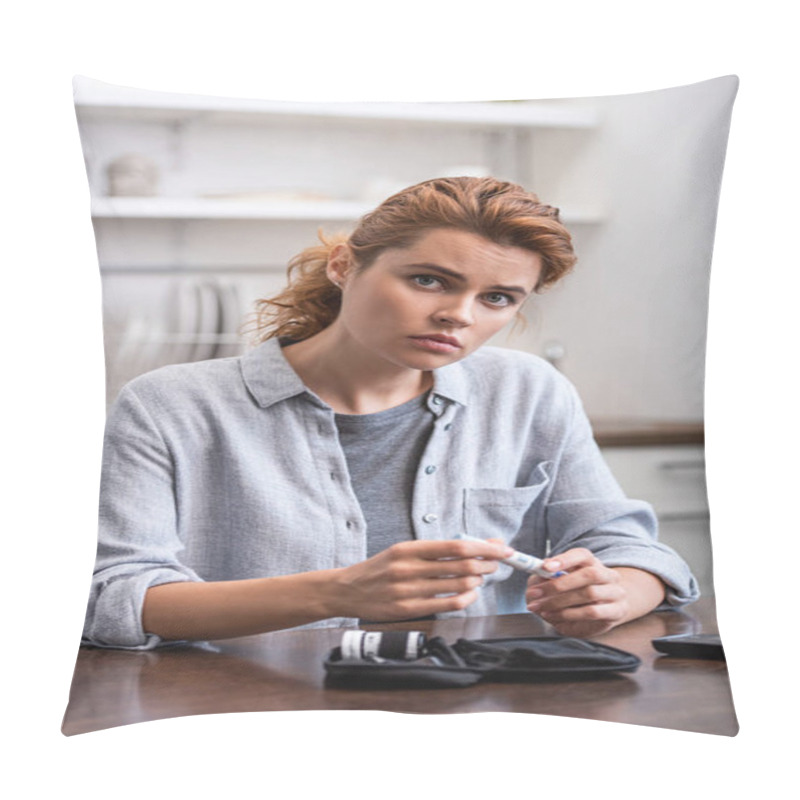 Personality  Selective Focus Of Attractive Woman Holding Blood Lancet  Pillow Covers