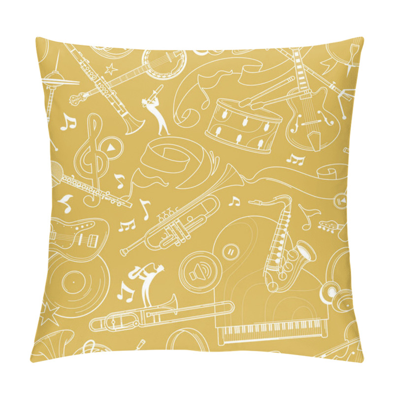 Personality  Musical Equipment And Instruments Hand Drawn Outline Seamless Pattern. Trombone, Sax Line Art Texture. White Contour Brass, String Instruments On Yellow Background. Classical Concert Textile Design Pillow Covers