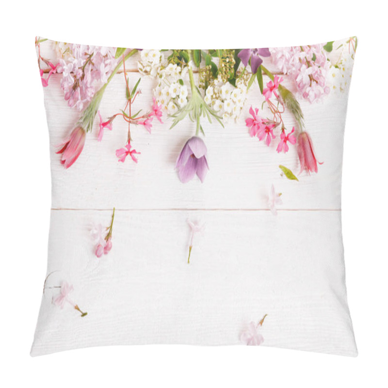 Personality  Festive Flower Composition On The White Wooden Background. Overhead View Pillow Covers