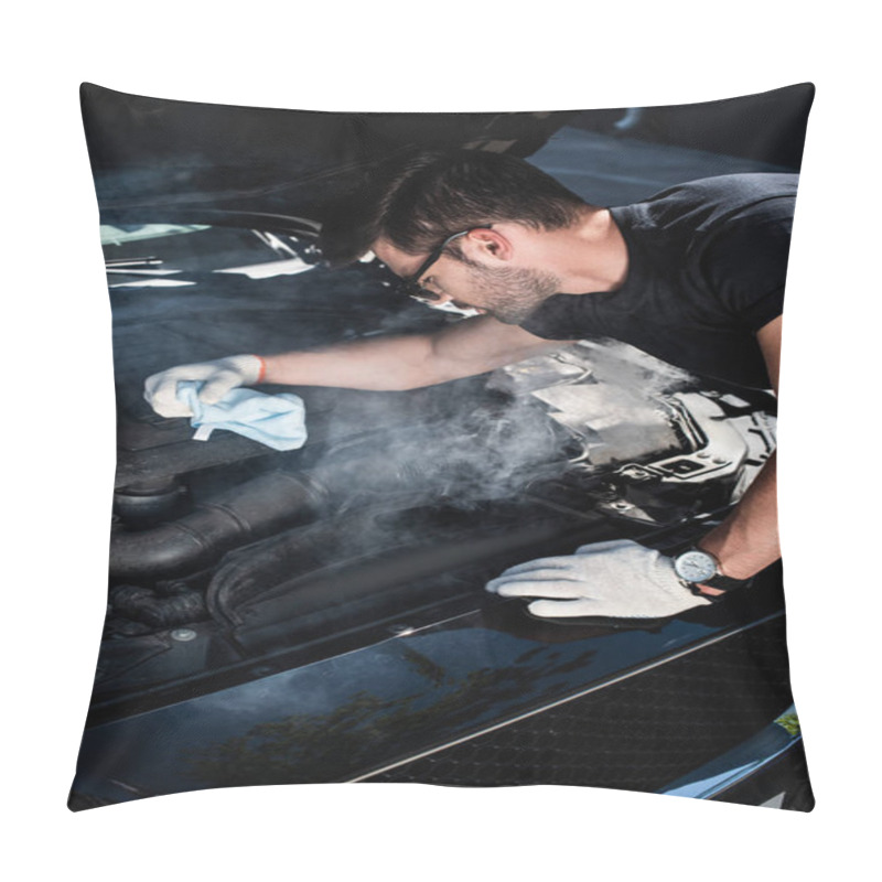 Personality  Side View Of Young Man In Working Gloves Holding Rag And Looking At Engine Of Broken Car With Smoke Coming Out  Pillow Covers