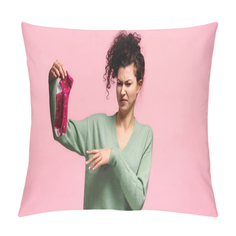 Personality  Displeased Woman Pointing At Stinky Socks And Grimacing Isolated On Pink Pillow Covers