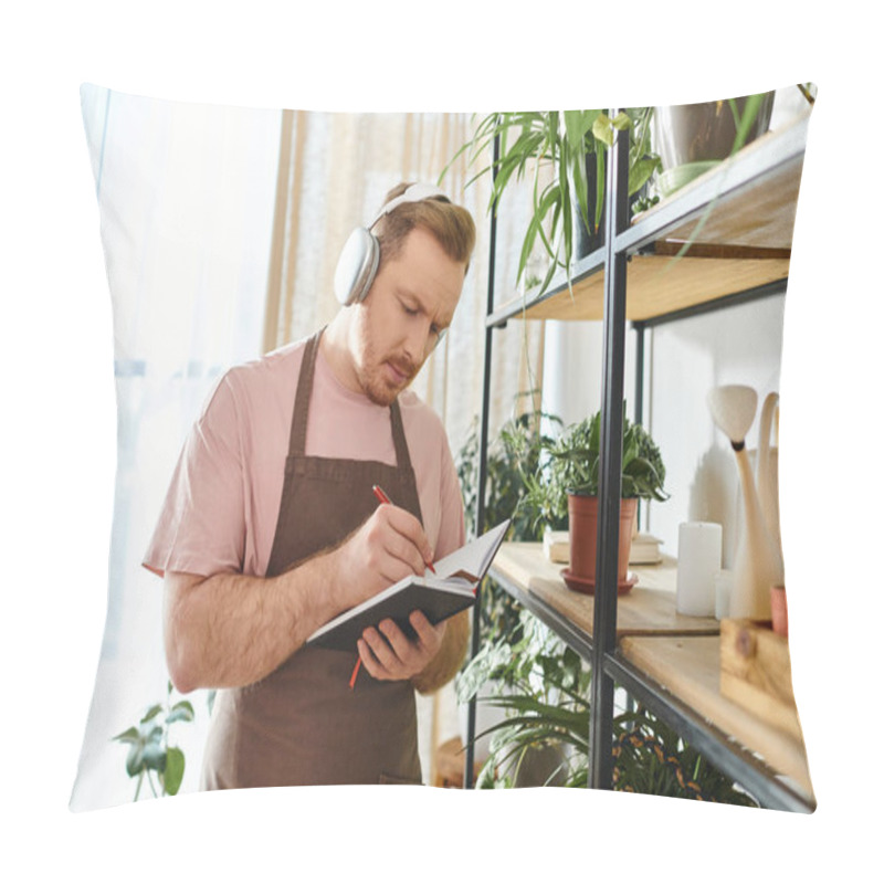 Personality  A Man In An Apron And Headphones Takes Notes On A Clipboard In A Vibrant Plant Shop, Embodying A Dedicated Small Business Owner. Pillow Covers