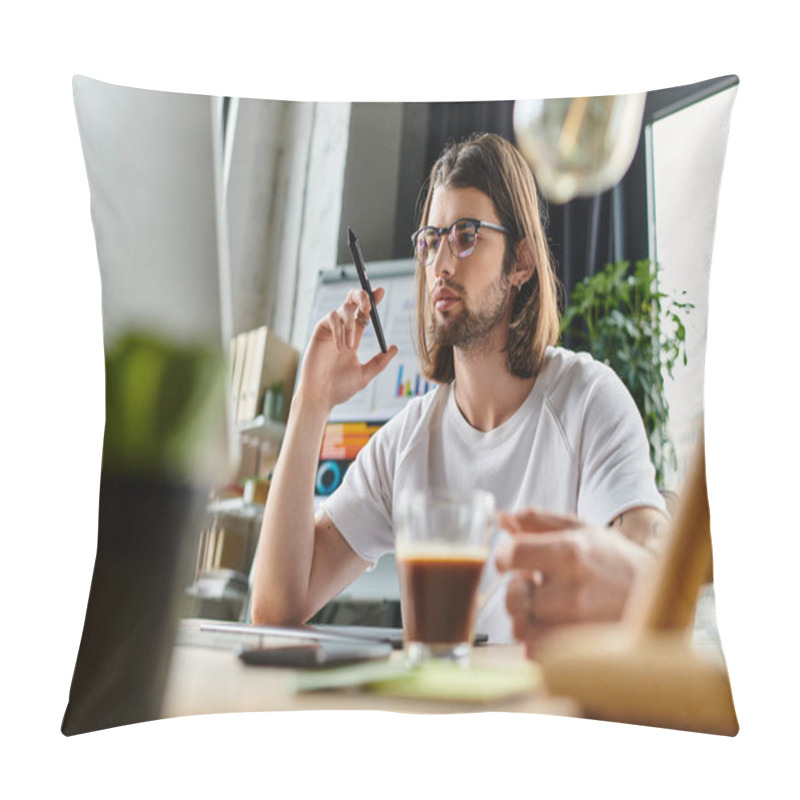 Personality  A Caucasian Man In A Business Attire Seated At A Table. Pillow Covers