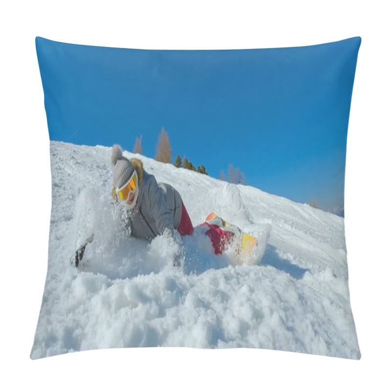 Personality  Female Snowboarder Falls After Losing Balance While Making A Snowboard Turn. Young Woman Lands Into Snow After Losing Balance At Snowboarding Down The Slope At Snowy Mountain Ski Resort On Sunny Day. Pillow Covers