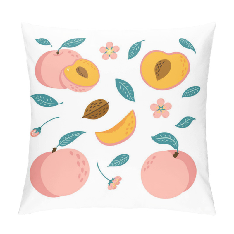 Personality  Juicy Ripe Sweet Peaches Set. Collection Of Whole, Half Sliced ,Chopped Nectarine, Flower And Leaves Vibrant Illustrations For Logo, Juice Package, Menu And Banner Design. Cartoon Style Pillow Covers