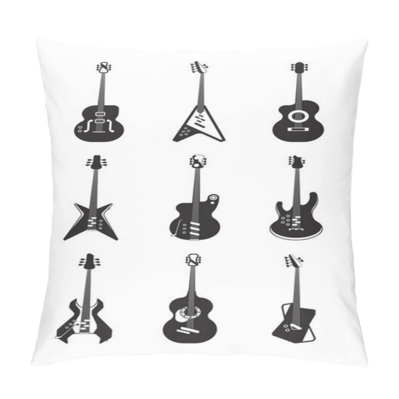 Personality  Guitars Silhouette Set. Acoustic String Instruments Retro And Modern Equipment For Rock Jazz Bands Form Of Classical Electric Musical Entertainment. Vector Blues Silhouette. Pillow Covers