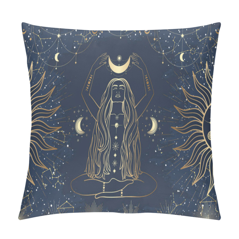 Personality  Hand Drawn Card Of Golden Mystical Woman With Sun, Moon, Star In Line Art. Constellation Celestial Space. Spiritual Abstract Symbol, Esoteric Talisman. Magic Space Galaxy, Vector Sketch Illustration Pillow Covers