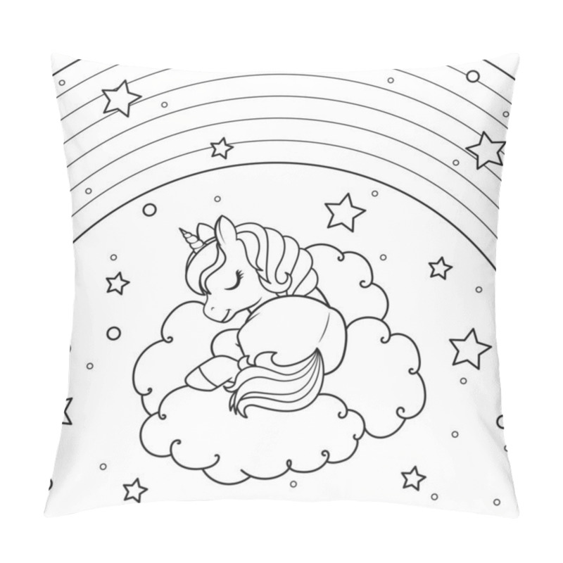 Personality  The Unicorn Sleeping On The Cloud Against The Background Of The Starry Sky And Rainbow. Coloring Book Page. Vector Illustration On White Background. Pillow Covers