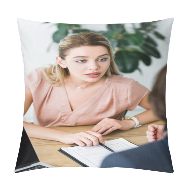 Personality  Selective Focus Of Beautiful Woman Talking With Businessman In Office Pillow Covers