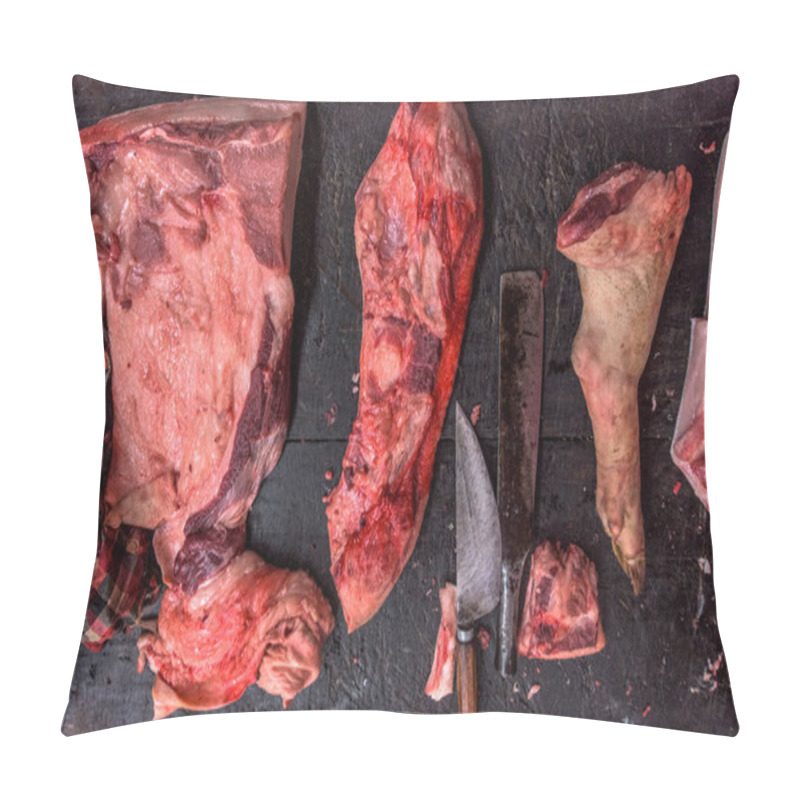 Personality  Meat Raw Assortment And Knife On The Butcher's Dark Wooden Working Table. Top View. Pillow Covers