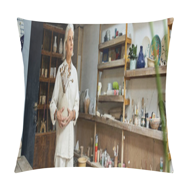 Personality  A Skilled Woman Stands Gracefully In Her Pottery Studio, Surrounded By Tools And Art. Pillow Covers