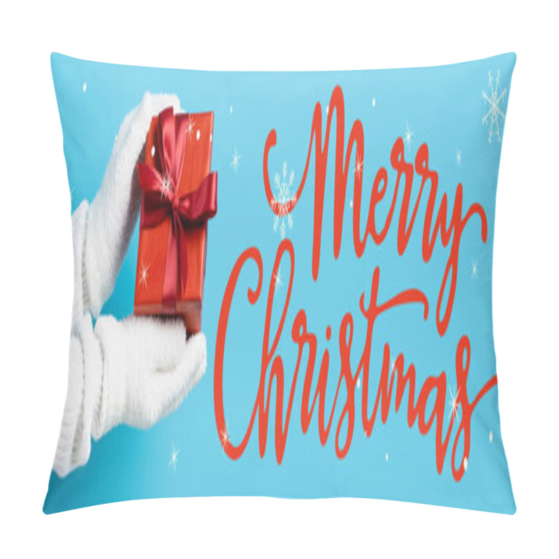 Personality  Partial View Of Young Woman In Gloves Holding Gift Box Near Merry Christmas Lettering On Blue, Banner Pillow Covers