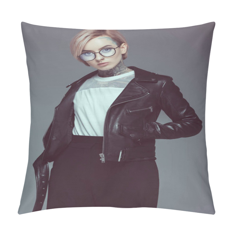 Personality  Stylish Tattooed Girl In Black Leather Jacket, Isolated On Grey Pillow Covers