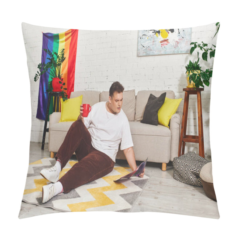 Personality  A Queer Person Relaxes On A Rug While Sipping Coffee And Reading A Magazine In A Vibrant Space. Pillow Covers