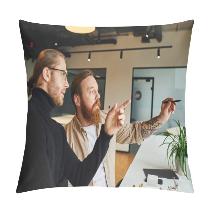 Personality  Creative And Stylish Architects Looking Away And Pointing With Finger And Pen While Working On Startup Project Near Building Model In Contemporary Design Studio, Architecture And Business Concept Pillow Covers