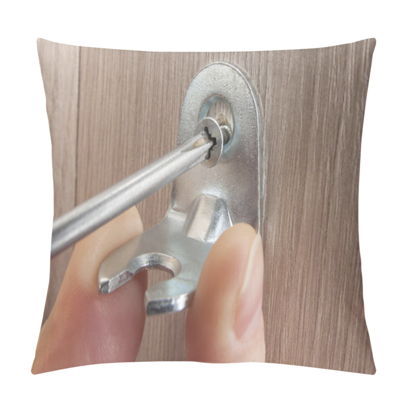 Personality  Screw Being Screwed In Wooden Furniture Using Phillips Screwdriver Close-up.  Pillow Covers