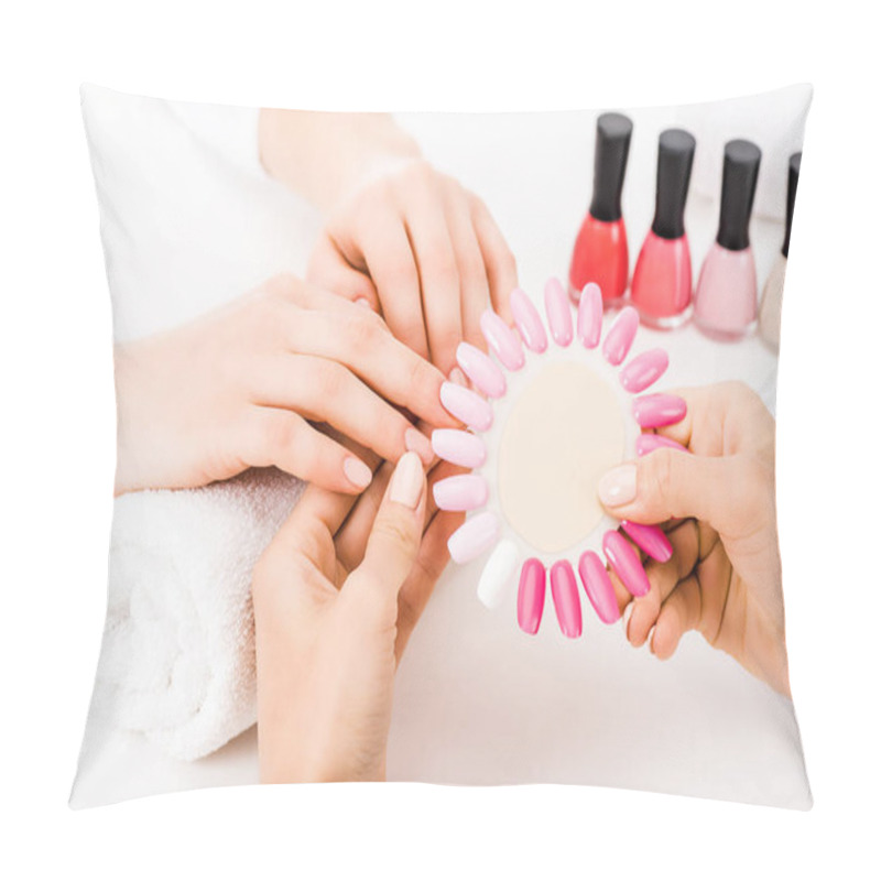 Personality  Partial View Of Manicurist Holding Pink Nail Polish Palette Pillow Covers