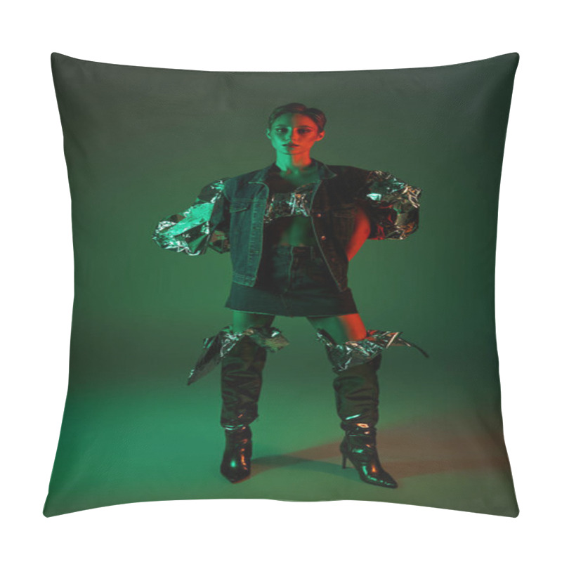 Personality  Woman In Denim Jacket And Knee-high Boots Stands In Studio, Lit By Green And Red Neon Lights Pillow Covers