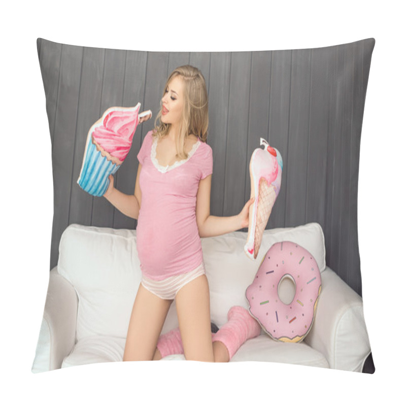 Personality  Pregnant Woman With Toys Of Ice Cream Posing Indoors At Home. Heath Care And Food Consept. Pillow Covers