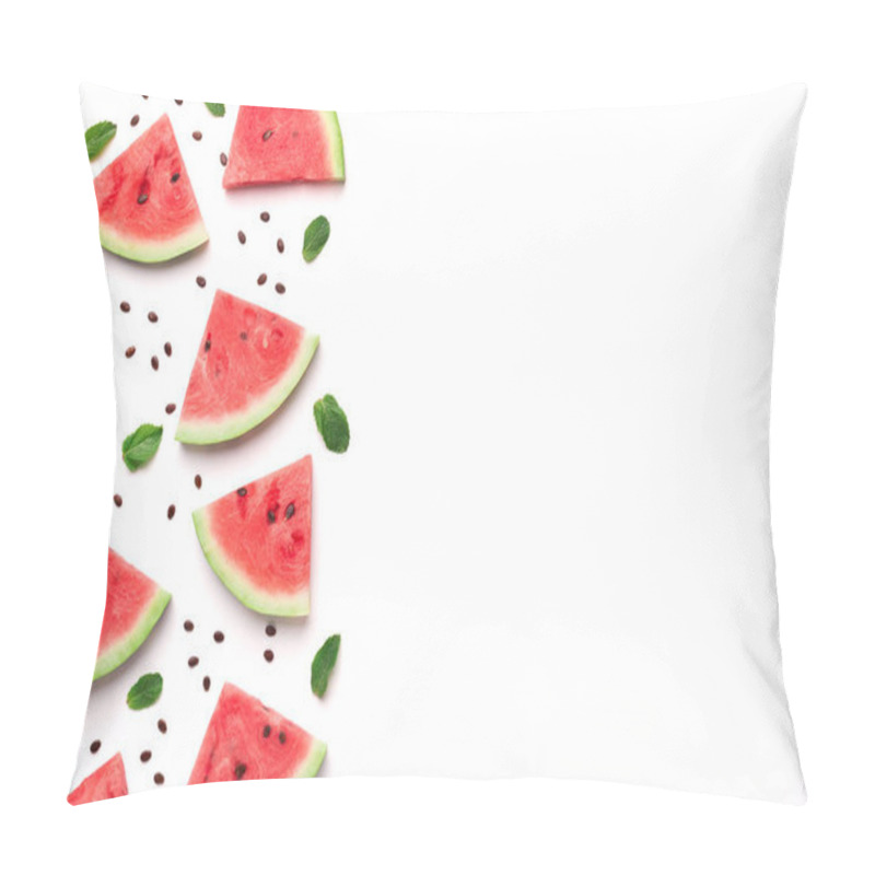 Personality  Fresh Watermelon Slices With Seeds And Leaves On White Background Pillow Covers