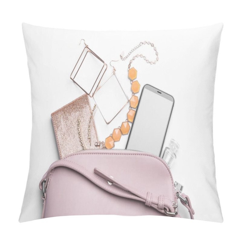 Personality  Stylish Woman's Bag With Smartphone And Accessories On White Bac Pillow Covers