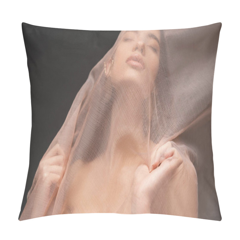 Personality  Portrait Of Asian Model With Closed Eyes Posing Under Beige Fabric While Standing Isolated On Black Pillow Covers