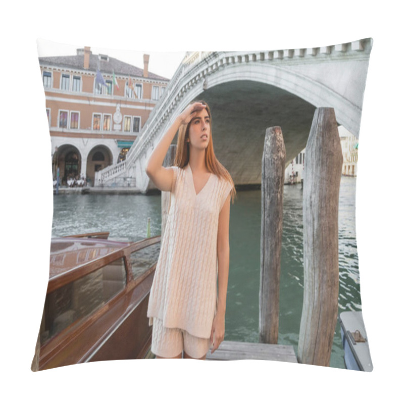 Personality  Young Woman Looking Away Near Rialto Bridge Over Venetian Grand Canal On Background Pillow Covers