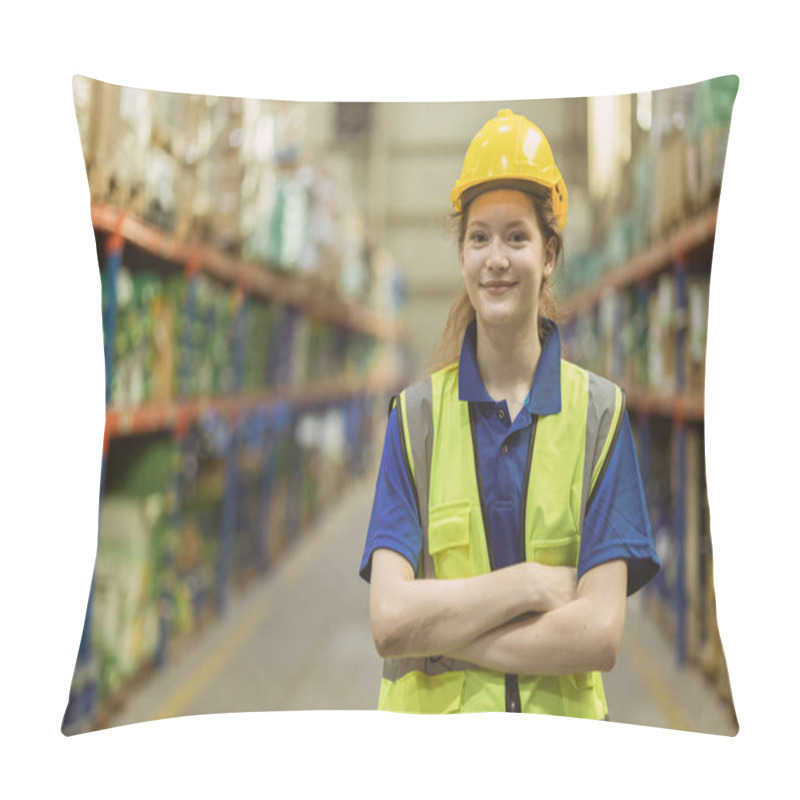 Personality  Smart Confident Young Teen Caucasian Worker In Warehouse Industry Store Manager Staff Standing Happy Smile Pillow Covers