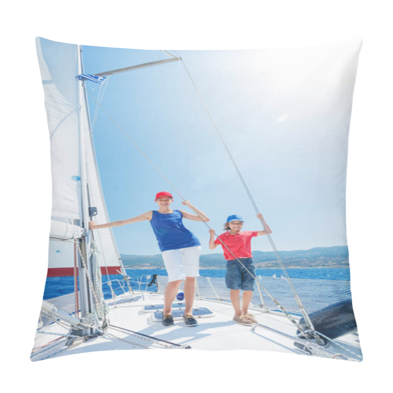 Personality  Brother And Sister On Board Of Sailing Yacht On Summer Cruise. Travel Adventure, Yachting With Child On Family Vacation. Pillow Covers