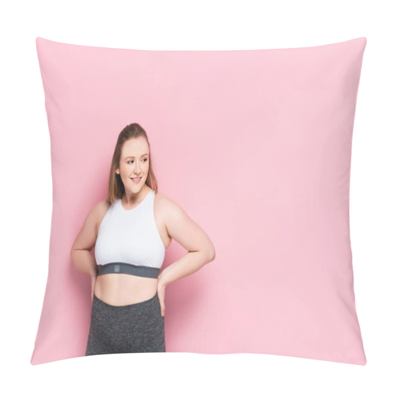 Personality  Cheerful Overweight Girl In Sportswear Holding Hands On Hips And Looking Away On Pink Pillow Covers