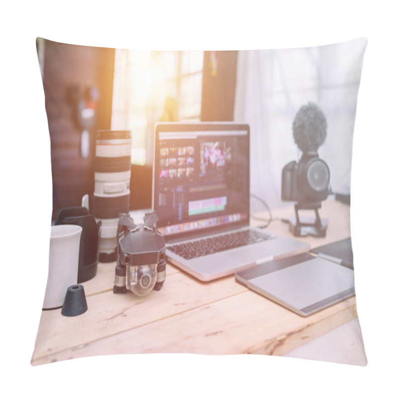 Personality  The Office House Of Vlogger Or Creative Producer Freelance  The Desktop With Laptop Drone Lens And Camera On The Table. Pillow Covers