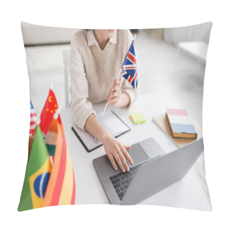 Personality  Cropped View Of Smiling Language Teacher With Flag Of United Kingdom Using Laptop During Online Lesson At Home Pillow Covers