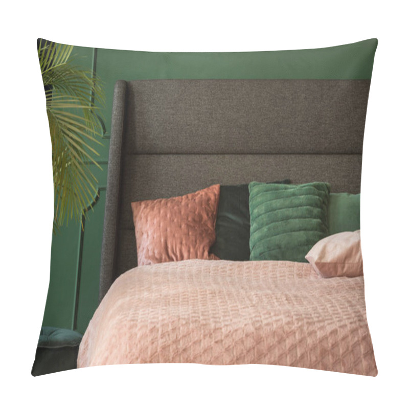 Personality  Pastel Pink And Emerald Bedding On Comfortable King Size Bed With Headboard, Copy Space On Empty Wall Pillow Covers