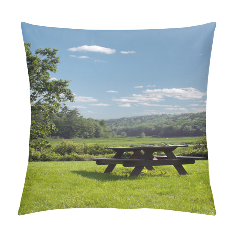 Personality  Wooden Picnic Table On Green Grass Pillow Covers