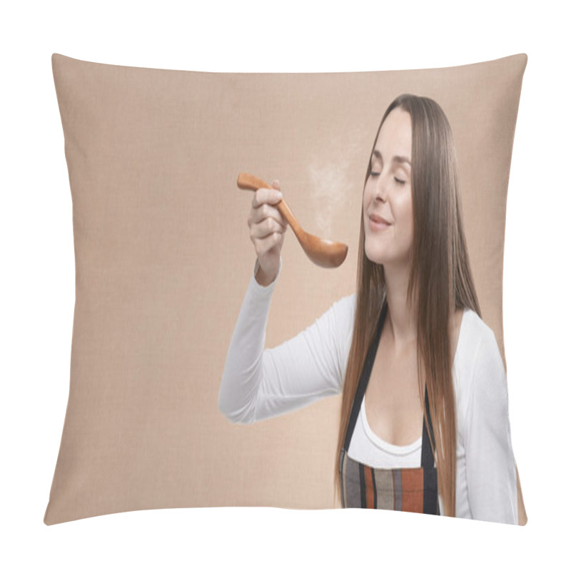 Personality  Female Cook Smells A Steaming Spoon Pillow Covers