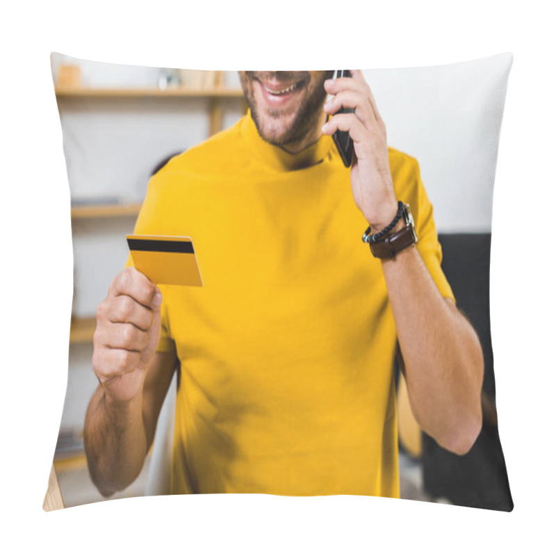 Personality  Cropped View Of Man Talking On Smartphone And Holding Credit Card Pillow Covers