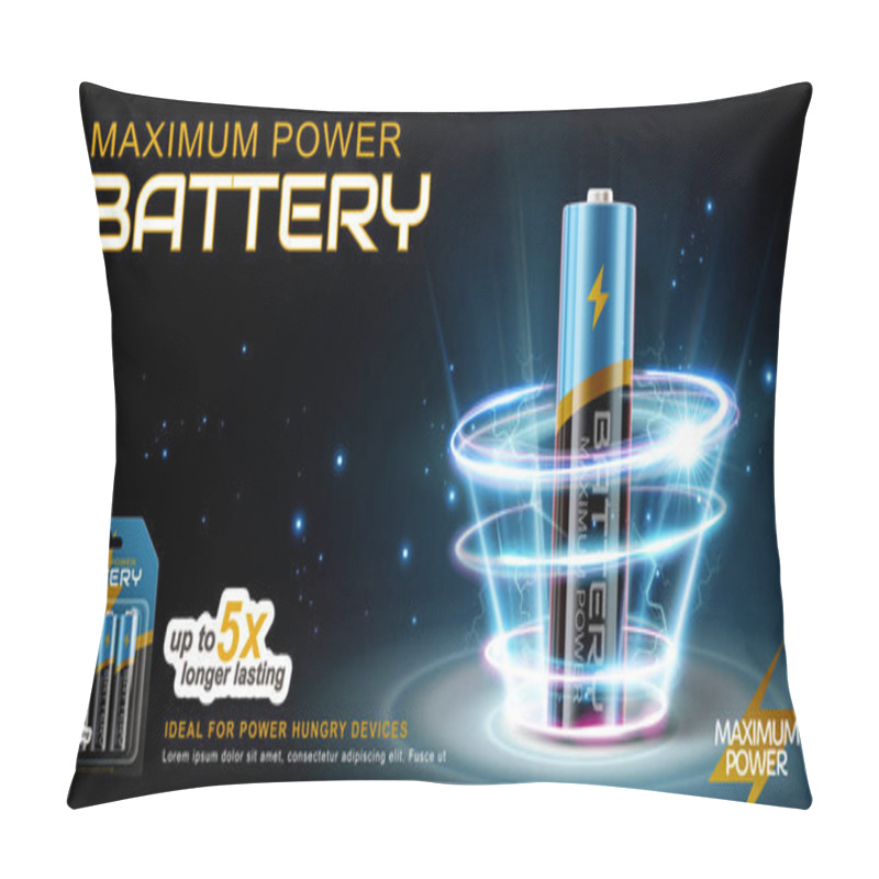 Personality  3d Li-Ion AA Battery Surrounded By Glowing Halos. Banner Advertisement Designed On A Blue-black Background Pillow Covers