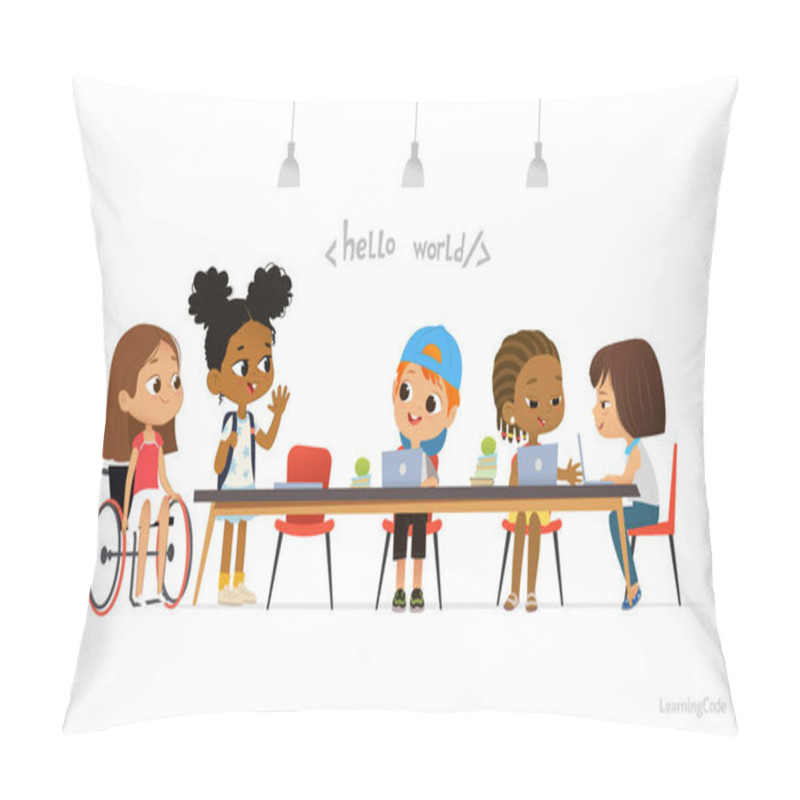 Personality  Multiracial Kids Sitting At Laptops And Learning Coding During Informatics Lesson. Children Greeting Newcomer Girl In A Wheelchair. School Inclusive Education Concept. Illustration For Website Pillow Covers