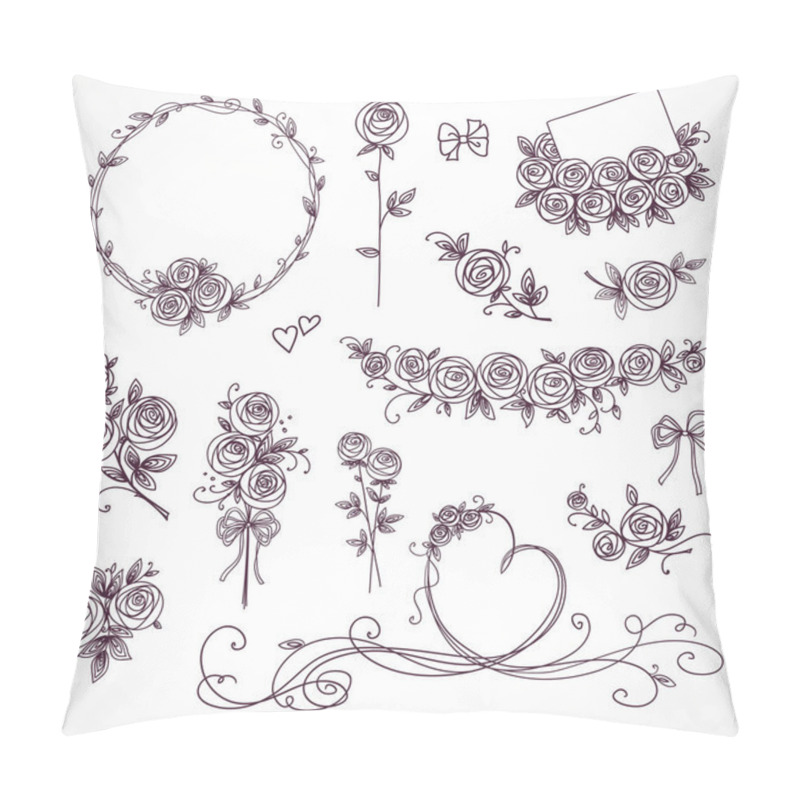 Personality  Set Of Floral Design Elements. Flower Branch, Wreaths, Heart. Roses Flowers. Wedding Birthday Valentines Day Concept. Pillow Covers